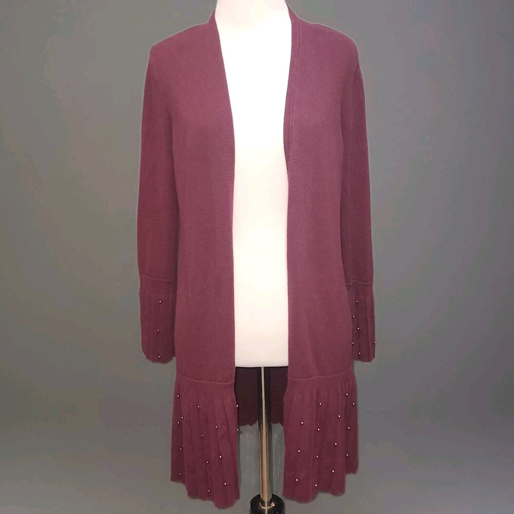 Chico’s Open Front Cardigan Sweater Pleated Hem Embellished Burgundy Wine Small